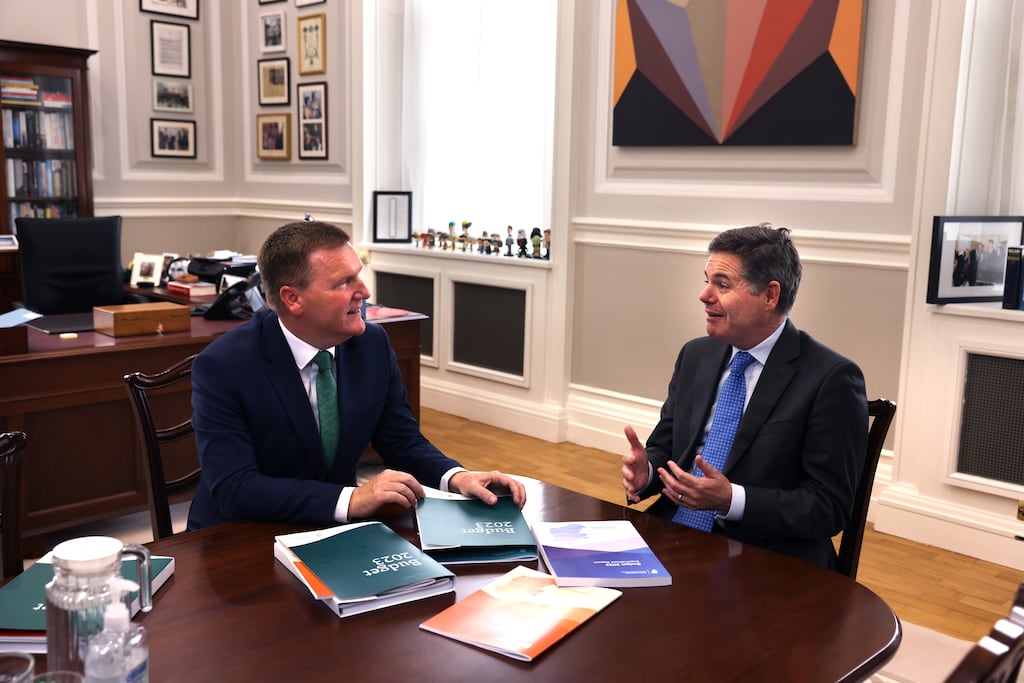 Minister for Public Expenditure and Reform Michael McGrath and Minister for Finance Paschal Donohoe in Mr Donohoe’s office on the eve of Budget 2023. Photograph: Dara Mac Dónaill