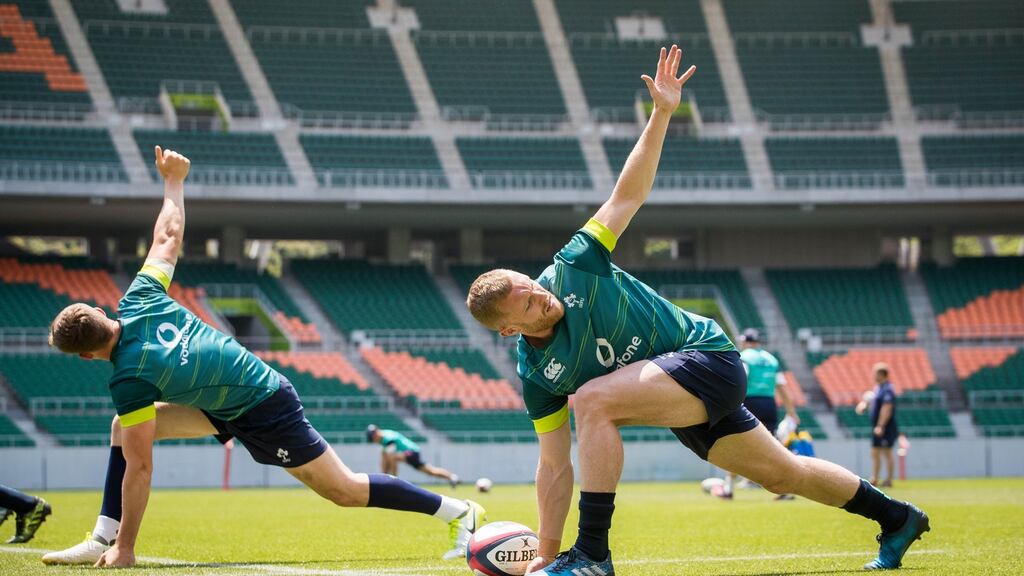 The Ireland rugby squad at Shizuoka Stadium Ecopa in Fukuroi, Japan for a test match in June 2017. Photograph: Ryan Byrne/Inpho