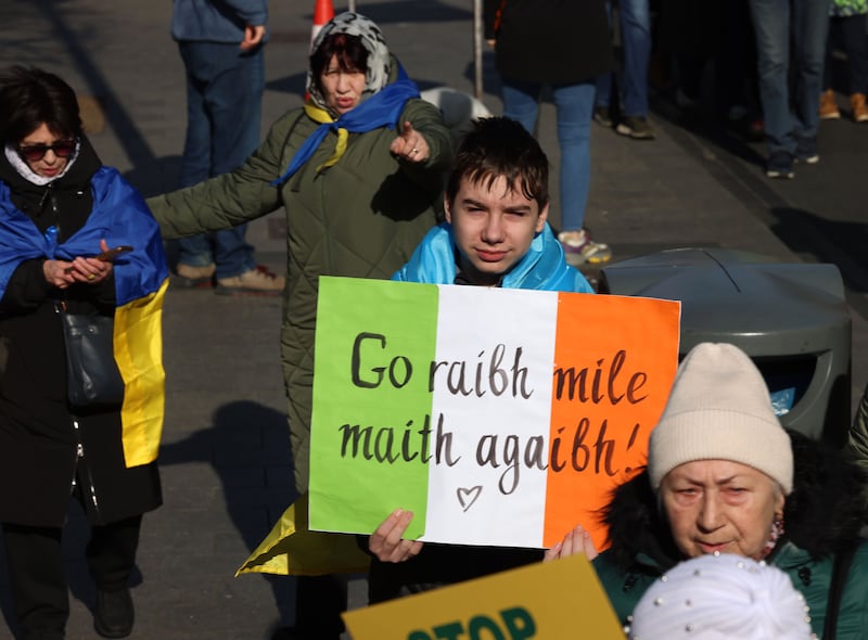 Ukrainian Action in Ireland organised for Ukrainians and supporters to gather at O’Connell Street and walk to Merrion Square, Dublin, to mark the second anniversary of the war in Ukraine. Photograph: Dara Mac Dónaill / The Irish Times