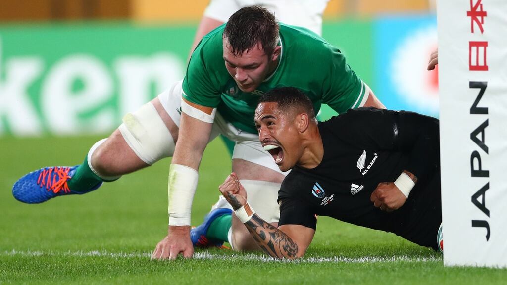New Zealand’s Aaron Smith celebrates his first try against Ireland. England have to stop Smith, the heartbeat of the team, from settling into that laser-gun passing and pinpoint up-and-under rhythm of his. Photograph: Stu Forster/Getty Images