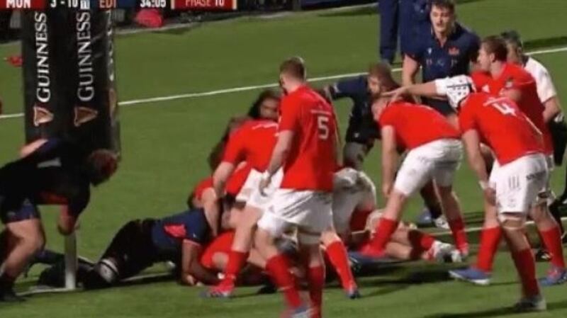 Edinburgh prop Pierre Schoeman lifted the padding from the bottom of the visitors’ left-hand upright, as Munster hooker Rhys Marshall drove for the line.