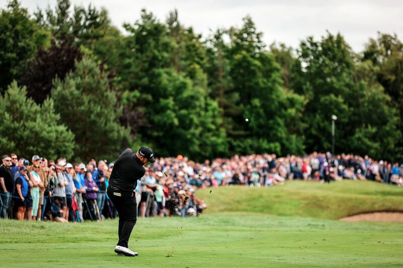 Shane Lowry plays his approach to the 15th green during the final round of the Horizon Irish Open. Photograph: Ben Brady/Inpho