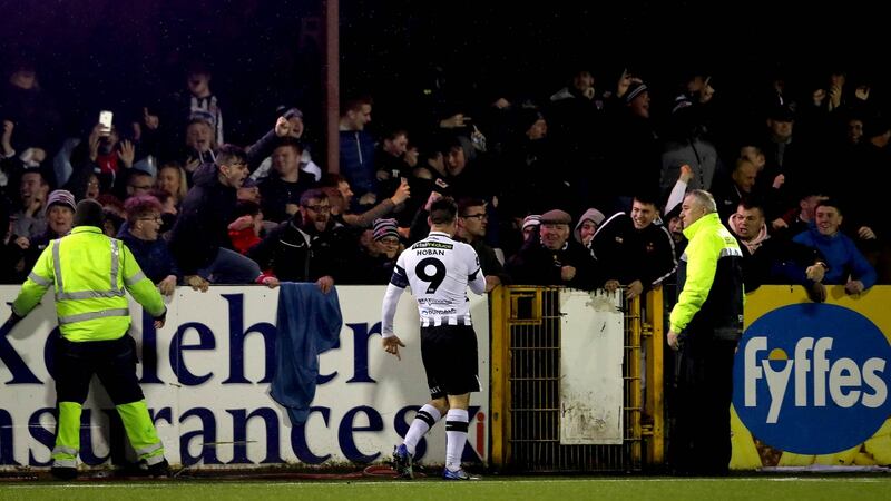 Patrick Hoban celebrates scoring a late penalty against Bohemians in April thatstarted a 29-match unbeaten run. Photograph: Ryan Byrne/Inpho