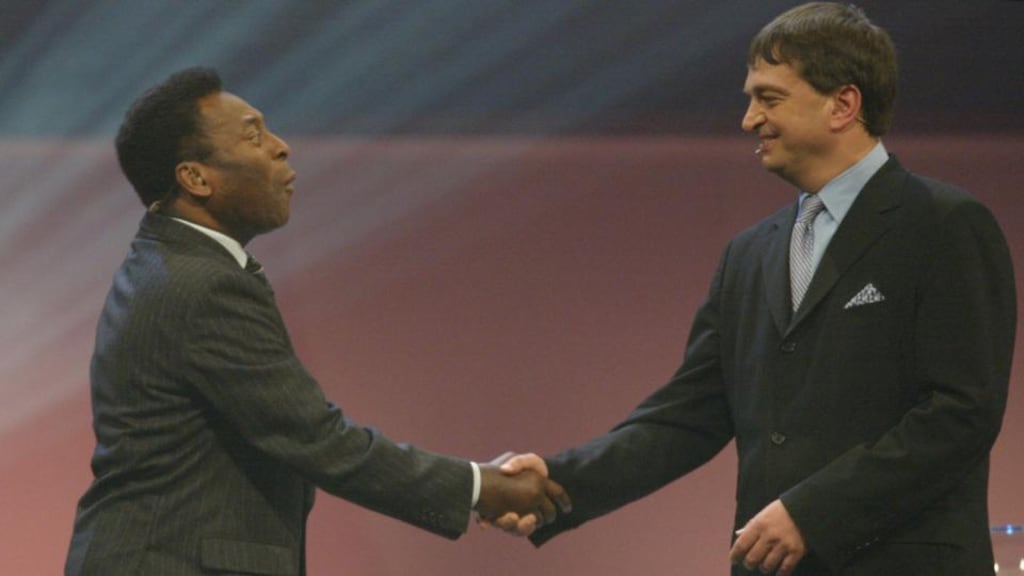 Pele greets Fifa deputy general secretary Jerome Champagne during the 2006 World Cup draw in December 2003 in Frankfurt/Main. Photograph: Franck Fife/AFP/Getty Images