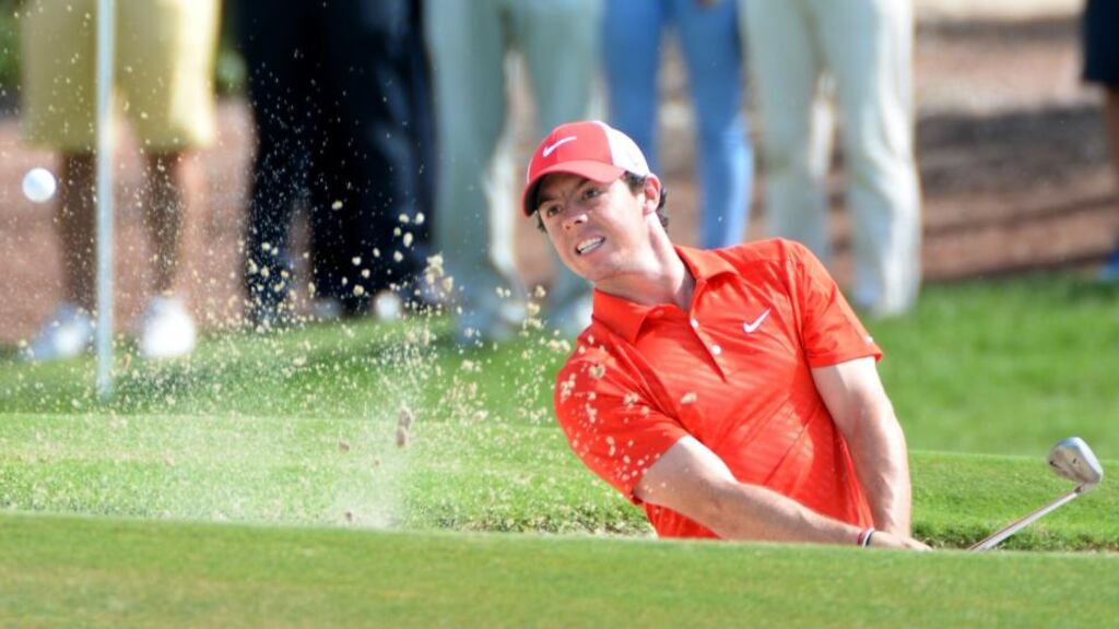 Rory McIlroy in action during the second round of the 2013 DP World Tour Championship on the Earth Course at the Jumeirah Golf Estates in Dubai yesterday. Photo: Ross Kinnaird/Getty Images