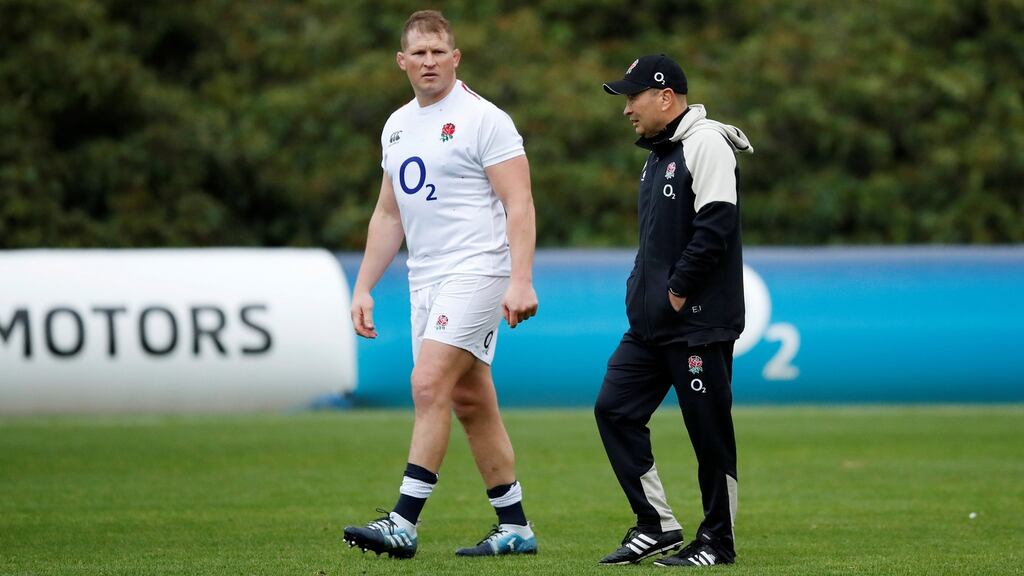 England head coach Eddie Jones and co-captain Dylan Hartley during training at Pennyhill Park Hotel, Bagshot. Photograph: Andrew Boyers/Action Images via Reuters