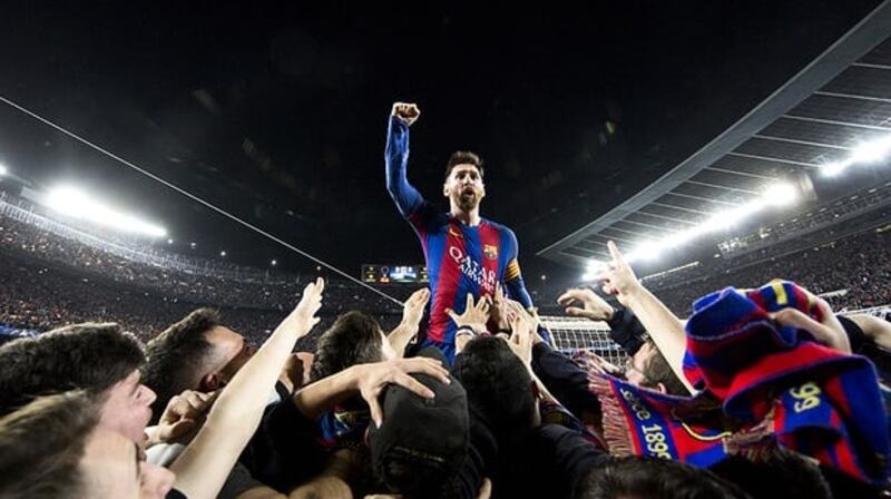 Lionel Messi celebrates with a delighted mob of fans after Barcelona’s 6-1 second-leg win over Paris Saint-Germain in March. They lost the first leg 4-0. Photograph: Santi Garcés/FC Barcelona