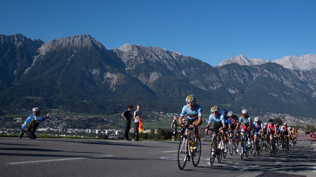Remco Evenepoel of Belgium leads the pack of riders during the Men’s Junior Road Race of the UCI Road Cycling World Championships in Innsbruck, Austria. Photograph: Christian Bruna/EPA