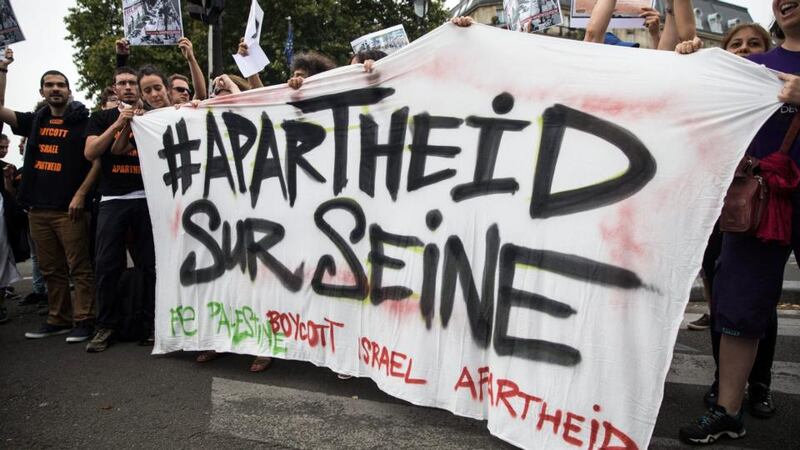 Pro-Palestinian demonstrators protest against the Tel Aviv on Seine event in Paris,    August 13th,  2015. Photograph: Etienne Laurent/EPA