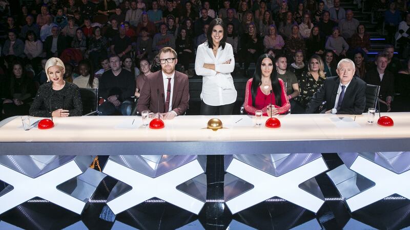 Ireland’s Got Talent judges (from left) Denise Van Outen, Jason Byrne, Michelle Visage and Louis Walsh, with presenter Lucy Kennedy (standing, centre)