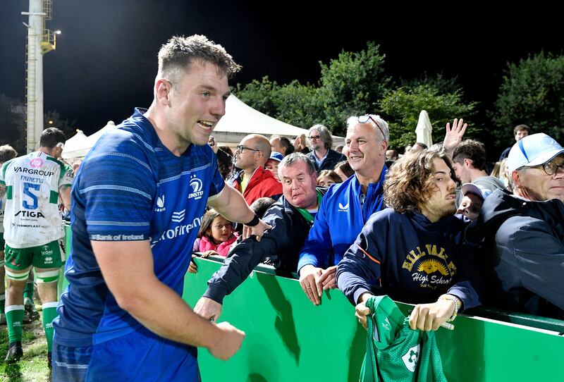 Benetton vs Leinster: Lee Barron of Leinster celebrates with fans after the match. Photograph: Luca Sighinolfi/Inpho