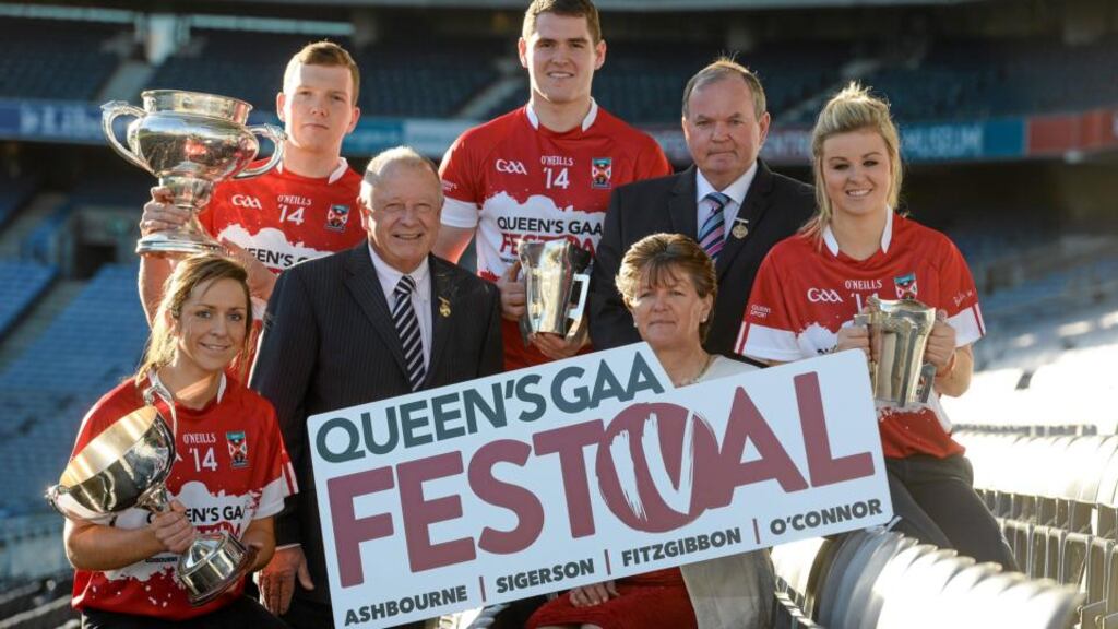 At yesterday’s announcement of details for the Queen’s Festival were: (from left) Caroline O’Hanlon, Armagh and QUB, Walter Walsh, Kilkenny and UCD, Pat Quill, president of the Ladies Gaelic Football Association, Bryan Menton, Meath and DIT, Aileen Lawlor, president of the Camogie Association, GAA president Liam Ó Néill and Grace Walsh, Kilkenny and UL. Photograph: Matt Browne/Sportsfile