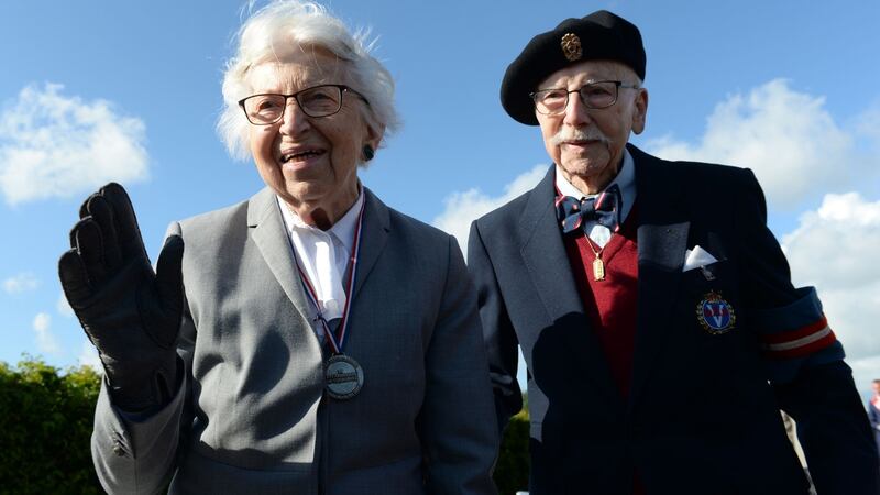 Danish second World War veteran Antoinette Melgaard (97) and Danish member of the resistance Poul Hoeg following a ceremony on Utah Beach in Sainte-Marie-du-Mont, Normandy on Thursday. Photograph: Jean-Francois Monier/AFP/Getty Images