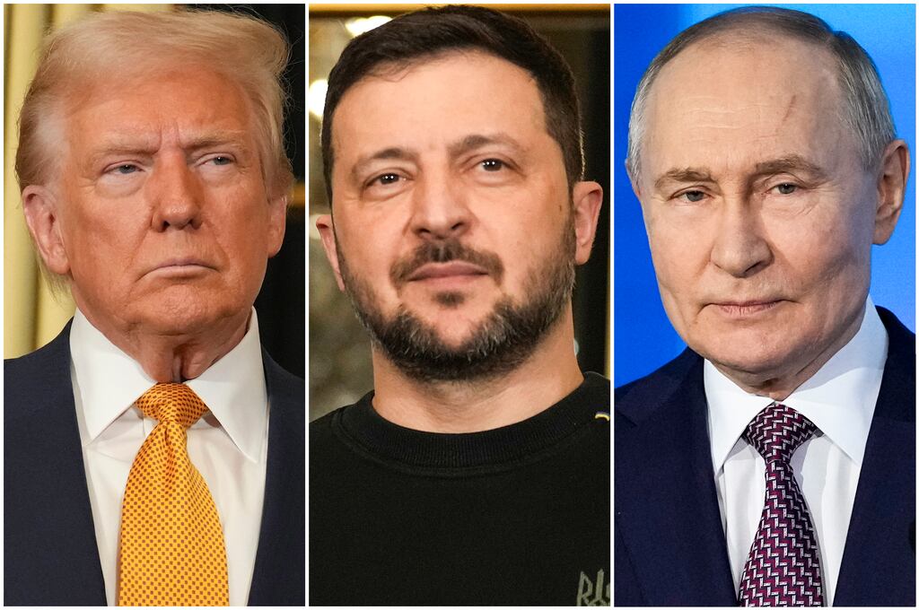 US president Donald Trump, Ukrainian president Volodymyr Zelensky and President Vladimir Putin of Russia. Photographs: AP