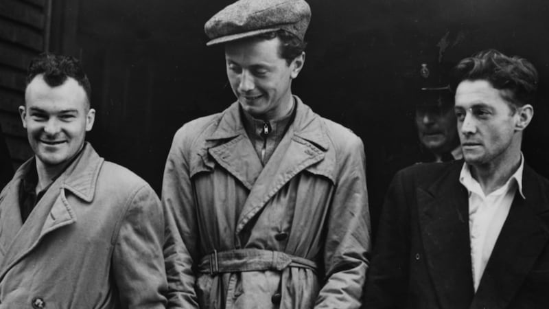Manus Canning, left, Sean Stephenson (Seán Mac Stíofáin) and Cathal Goulding, are remanded for possessing bombs and firearms at Bishops Stratford, England, in 1953. Photograph: Keystone/Hulton Archive/Getty Images