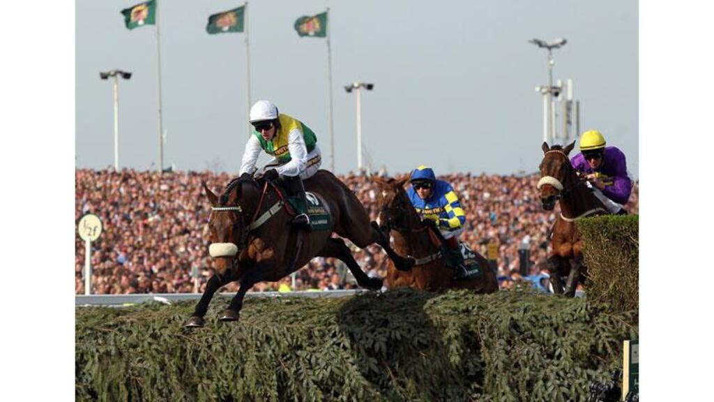 Ballabriggs (14-1), ridden by Jason Maguire, clears the Water Jump en route to wining the Grand National at Aintree Photograph: David Davies/PA Wire.