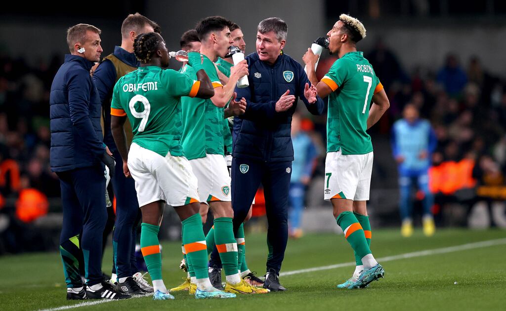 Ireland manager Stephen Kenny talks to Callum O'Dowda during the friendly international against Norway. Photograph: Ryan Byrne/Inpho