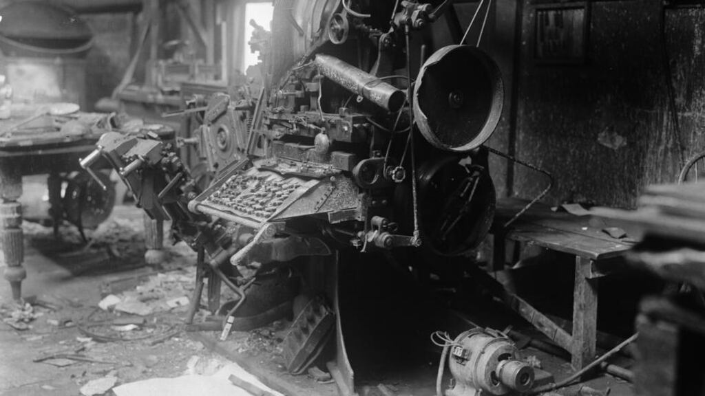 March 1922: Printing equipment destroyed by anti-Treaty forces at the Freeman’s Journal offices at Prince Street North, Dublin, during the Irish Civil War. Photograph: Walshe/Topical Press Agency/Getty Images