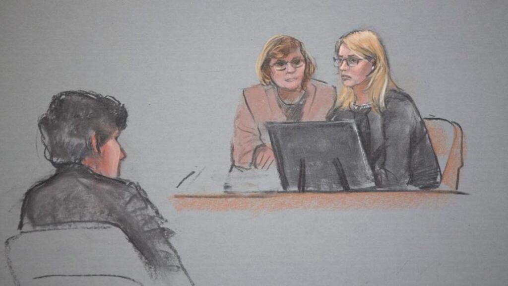A sketch artist rendition of the scene inside the John J Moakley Federal Courthouse of Dzhokhar Tsarnaev (left) and cousin Naida Suleimanov (right) with an interpreter during thesentencing of Tsarnaev’s trial. Image: Jane Flavell Collins/EPA