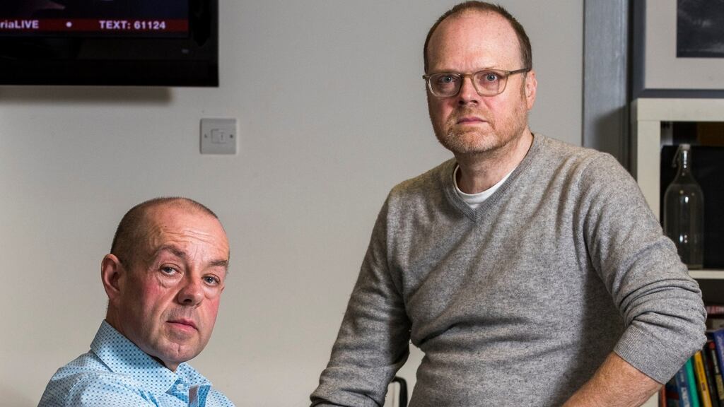 Investigative journalists Trevor Birney (right) and Barry McCaffrey:  arrested in 2018 over the alleged theft of confidential documents relating to the Loughinisland massacre. Photograph:   Liam McBurney/PA Wire