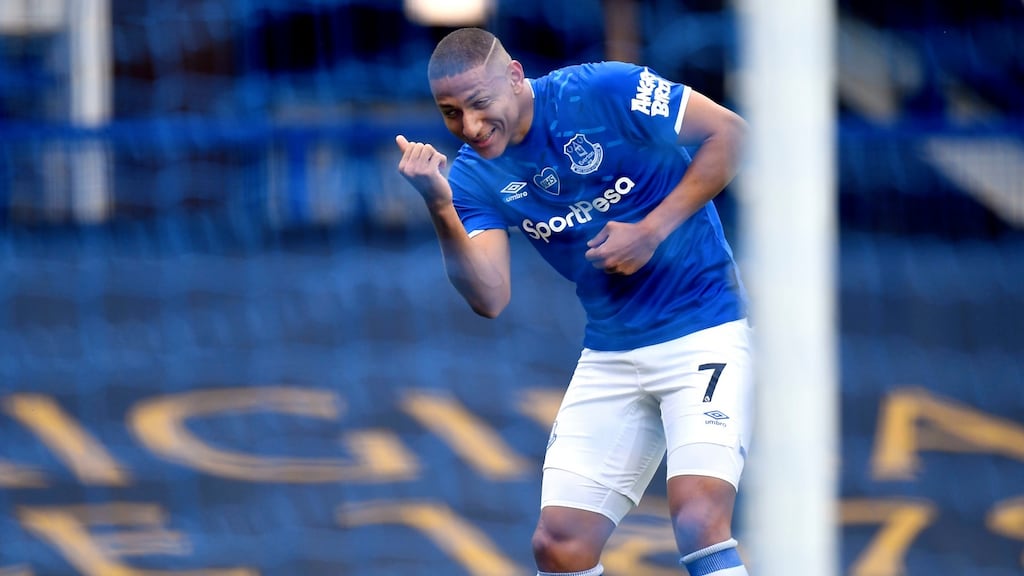Richarlison celebrates after opening the scoring for Everton in the Premier League game against Leicester City at Goodison Park. Photograph: Peter Powell/NMC Pool/PA Wire