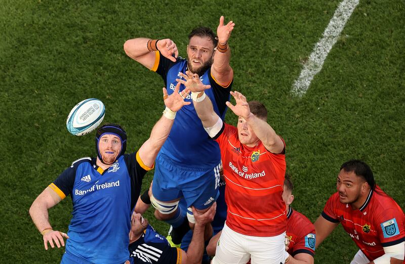 Leinster’s Ryan Baird and Jason Jenkins compete for a lineout with Jack O’Donoghue of Munster. Photograph: Ben Brady/Inpho