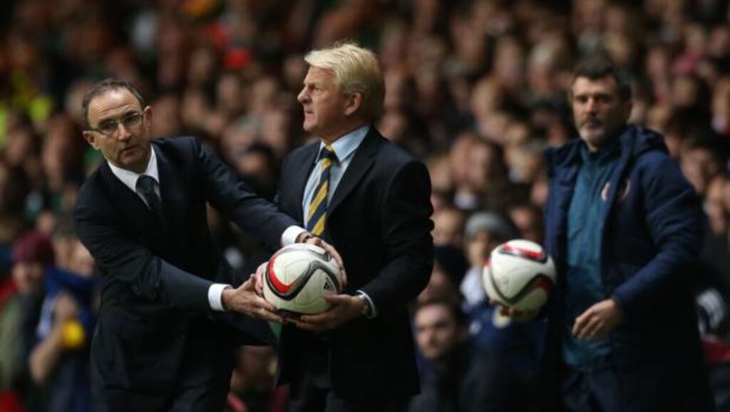 Ireland manager Martin O’Neill (left) and Scotland manager Gordon Strachan during the Uefa Euro 2016 qualifier at Celtic Park, Glasgow. Photograph: Lynne Cameron/PA Wire