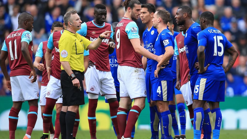 Match referee Jonathan Moss awards a penalty to Leicester City after a foul by West Ham United’s Andy Carroll. Photo: Mike Egerton/PA
