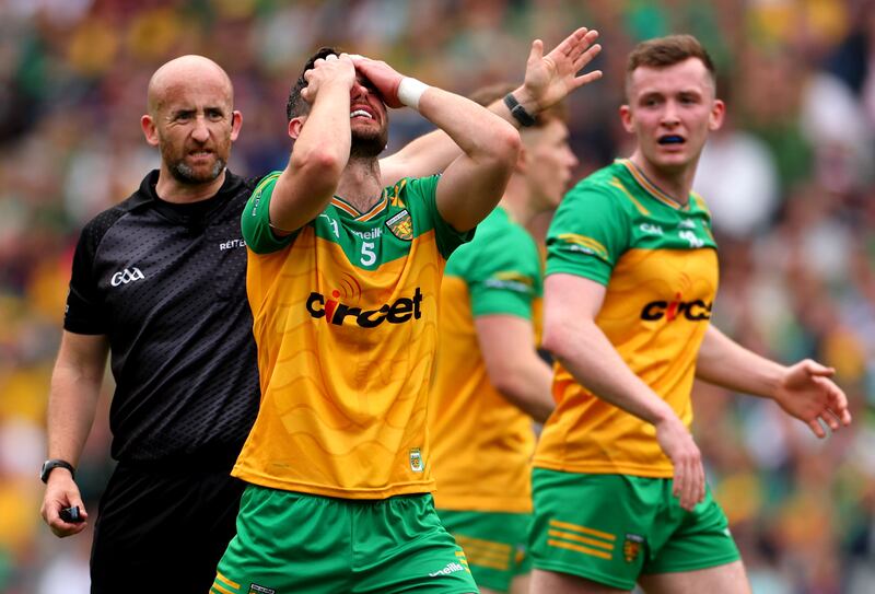 Donegal’s Ryan McHugh reacts after referee Brendan Cawley awarded a free to Galway. Photograph: James Crombie/Inpho