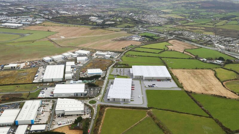 An aerial view of Greenogue Logistics Park shows the location of the two new units to the right.