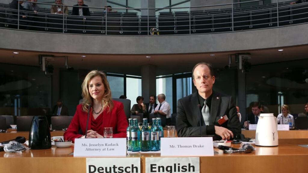 Whistleblowers Jesselyn Radack and Thomas Drake testify at the Bundestag commission investigating the role of the NSA in Germany. Photograph: Adam Berry/Getty