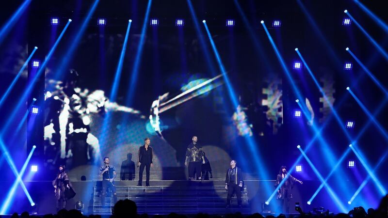 Keith Duffy, Ronan Keating, Shane Lynch and Mikey Graham of Boyzone on stage at the SSE Arena, Belfast, as part of the band’s Thank You & Goodnight farewell tour. Photograph: Niall Carson/PA Wire