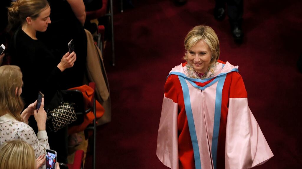 Hillary Clinton following a ceremony at Queen’s University Belfast where she was awarded an honorary degree. Photograph: Brian Lawless/ PA Wire