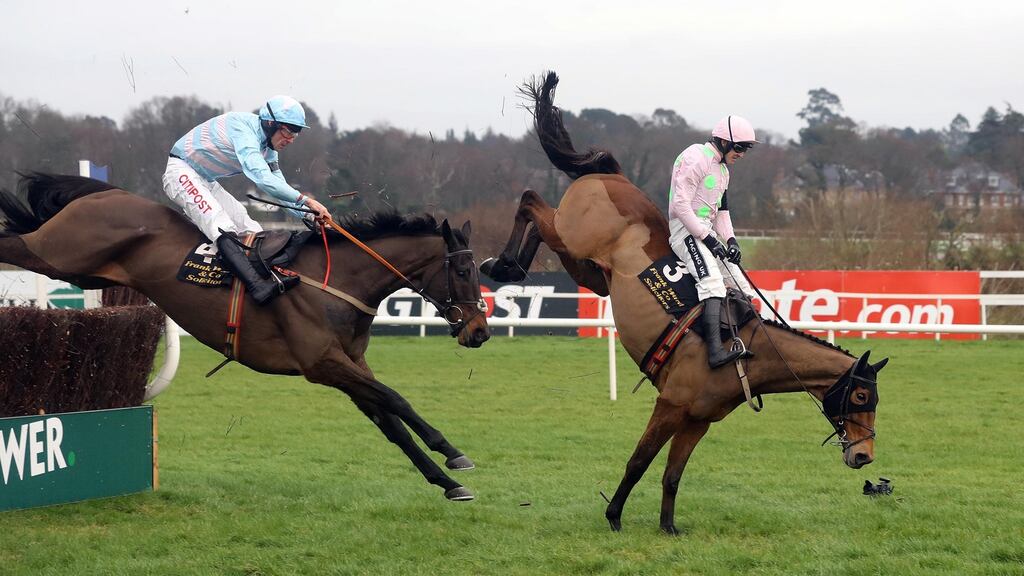Ruby Walsh on Royal Caviar leads over the last from Davy Russell on Some Plan in the 2017 Arkle Novice Chase at Leopardstown. Photograph: Lorraine O’Sullivan/Inpho.