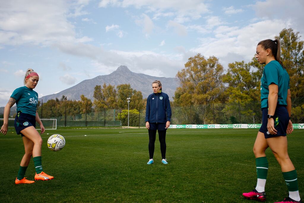 Denise O’Sullivan, Grace Moloney and Katie McCabe during an Ireland training session on Wednesday at Dama de Noche Football Centre in Marbella, Spain. Photograph: Martin Seras Lima/Inpho