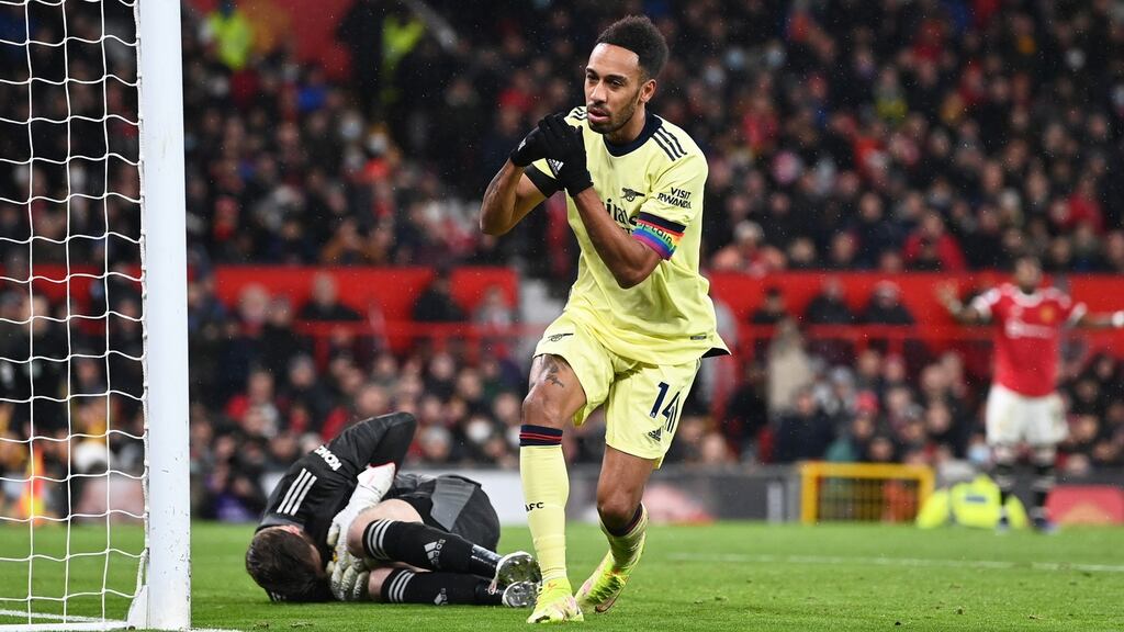 Arsenal captain Pierre-Emerick Aubameyang reacts to a missed chance during the Premier League match against Manchester United at Old Trafford. Photograph: Shaun Botterill/Getty Images