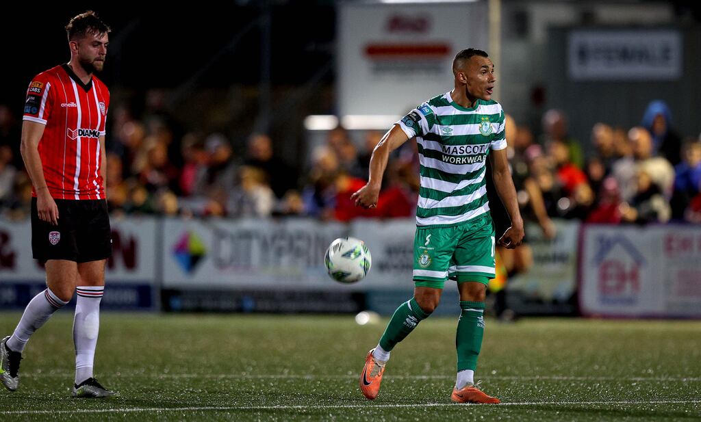 Shamrock Rovers’ Graham Burke celebrates scoring his side’s late equaliser from the penalty spot during the SSE Airtricity League Premier Division match against Derry City at the Ryan McBride Brandywell Stadium. Photograph: Ryan Byrne/Inpho