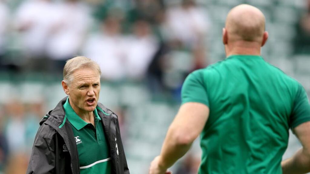 Joe Schmidt talks with captain Paul O’Connell ahead of the 2015 Rugby World Cup warm-up match against England in Twickenham on Saturday. Photograph: Dan Sheridan/Inpho