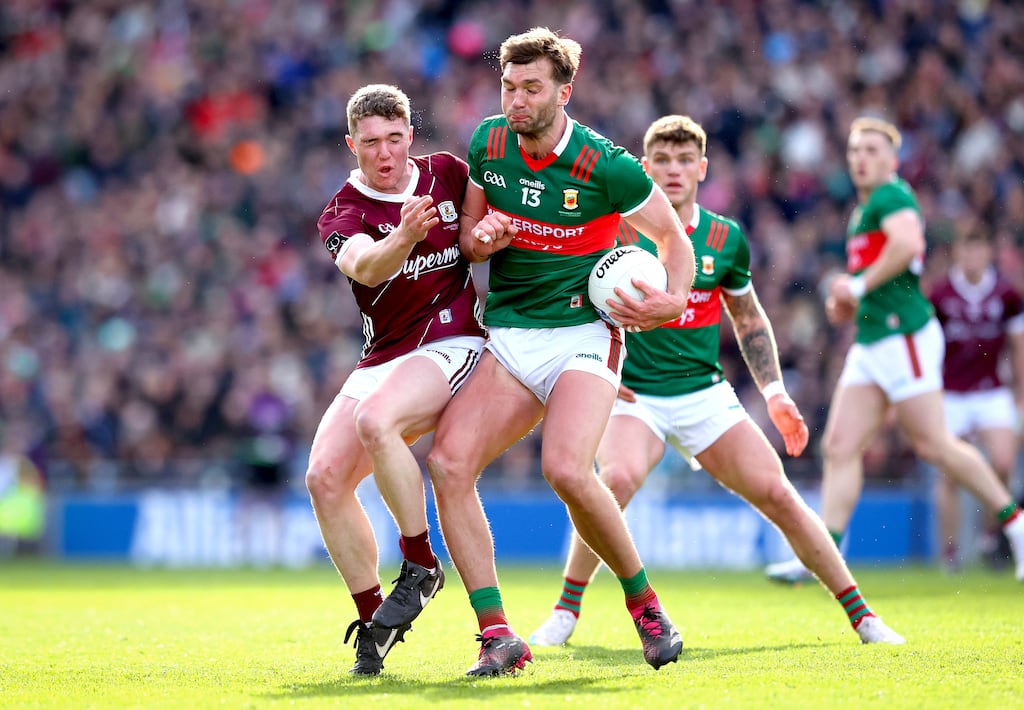 Mayo's Aidan O'Shea and Jack Glynn of Galway during their Division One league final clash at Croke Park earlier this year. Photograph: Ryan Byrne/Inpho
