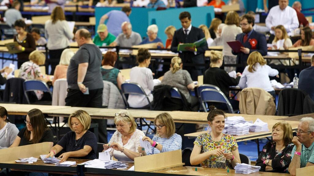 Ballots are counted at the Glasgow count centre at the Emirates Arena, Glasgow, Scotland, after polls closed in the referendum on whether the UK will remain in the European Union. Photograph: Robert Perry/AFP/Getty Images