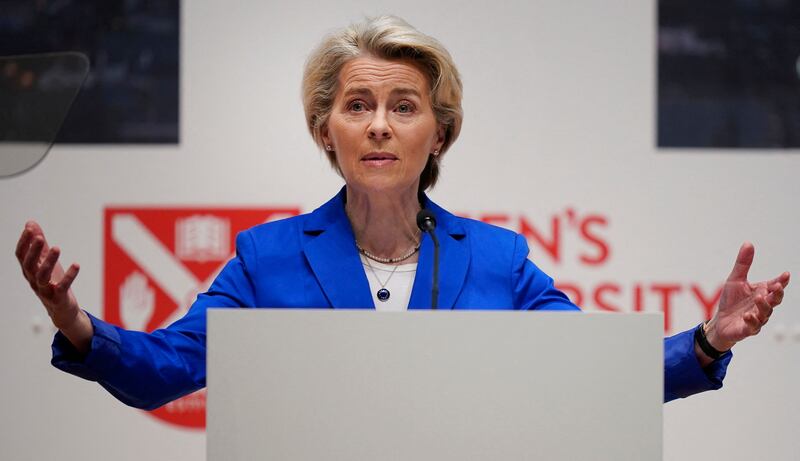 European Commission president Ursula von der Leyen delivers her speech on the final day of the conference at Queen's University Belfast. Photograph: Getty Images