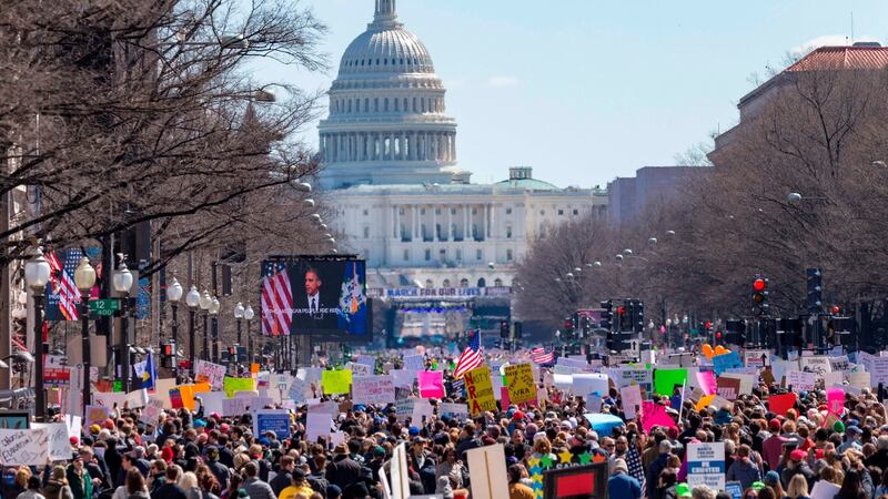 Rally-goers demonstrate on Pennsylvania Avenue in Washington, DC during the March for Our Lives Rally on Saturday. Photograph: Alex Edelman/AFP/Getty Images