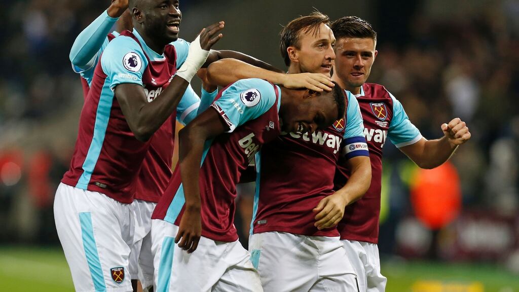 Edimilson Fernandes celebrates scoring West Ham’s second goal at The London Stadium. Photograph: Getty Images