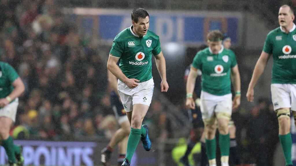 Ireland’s Jonathan Sexton celebrates kicking a drop goal. Photograph: Billy Stickland/Inpho
