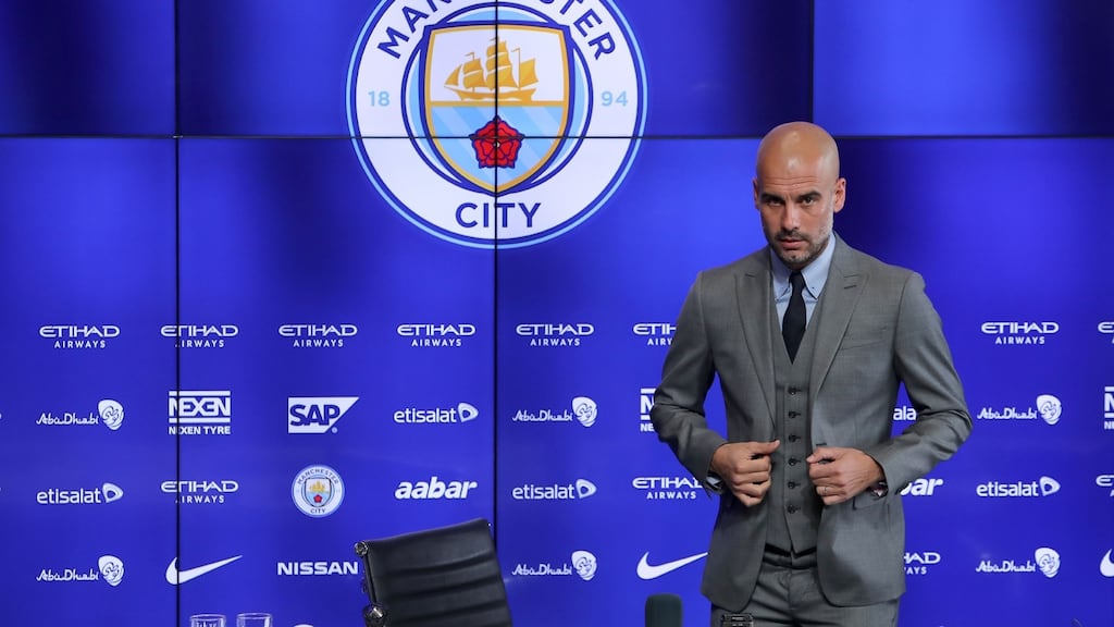 Manchester City manager Pep Guardiola during a press conference at the City Football Academy. Photograph: Peter Byrne/PA Wire