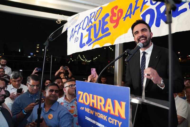 Zohran Mamdani speaks to supporters at a Democratic primary night gathering in New York on June 24th, 2025. Photograph: Shuran Huang/New York Times