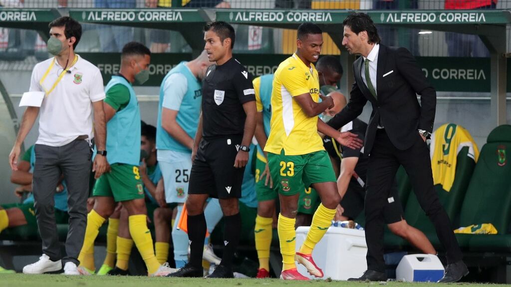Paços de Ferreira head coach Jorge Simao celebrates with goal scorer Lucas Silva during their Europa Conference League playoff, first leg match at Capital do Movel stadium. Photograph: Estela Silva/EPA