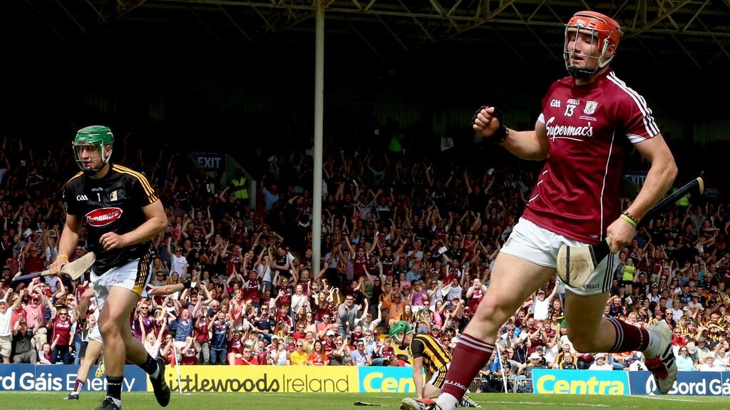 Conor Whelan celebrates after Jonathan Glynn  scored Galway’s opening goal in the Leinster final replay at  Semple Stadium, Thurles. Photograph: James Crombie/Inpho