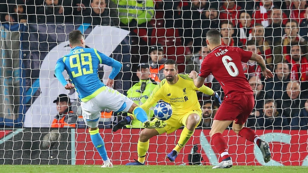 Alisson Becker of Liverpool makes a save from Arkadiusz Milik of SSC Napoli during their Champions League Group C match at Anfield on December 11th, 2018. Photograph: Alex Livesey/Danehouse/Getty Images)