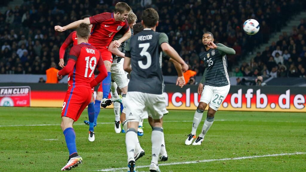 England’s Eric Dier rises above the Germany defence to head home England’s winning goal during the friendly international at the Olympiastadion in Berlin. Photograph: Carl Recine/Action Images via Reuters/Livepic